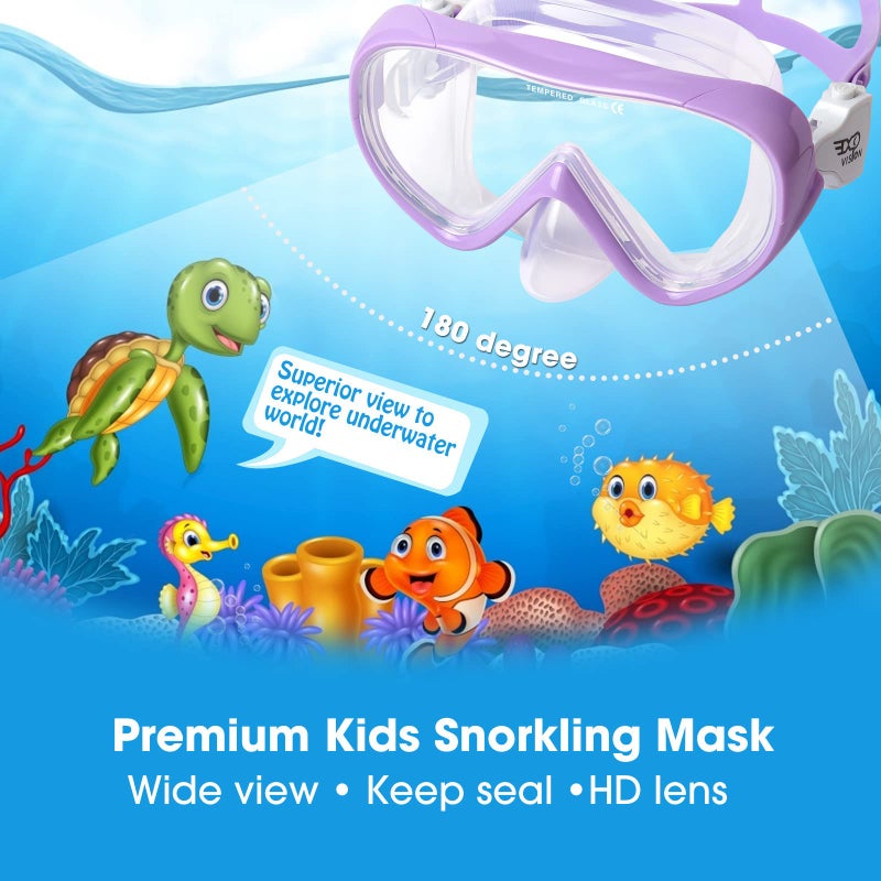 EXP VISION قناع سباحة للغطس للأطفال، قناع غوص مضاد للضباب، نظارات سباحة مع غطاء للأنف للغطس والغوص والسباحة (أرجواني) - Image 2